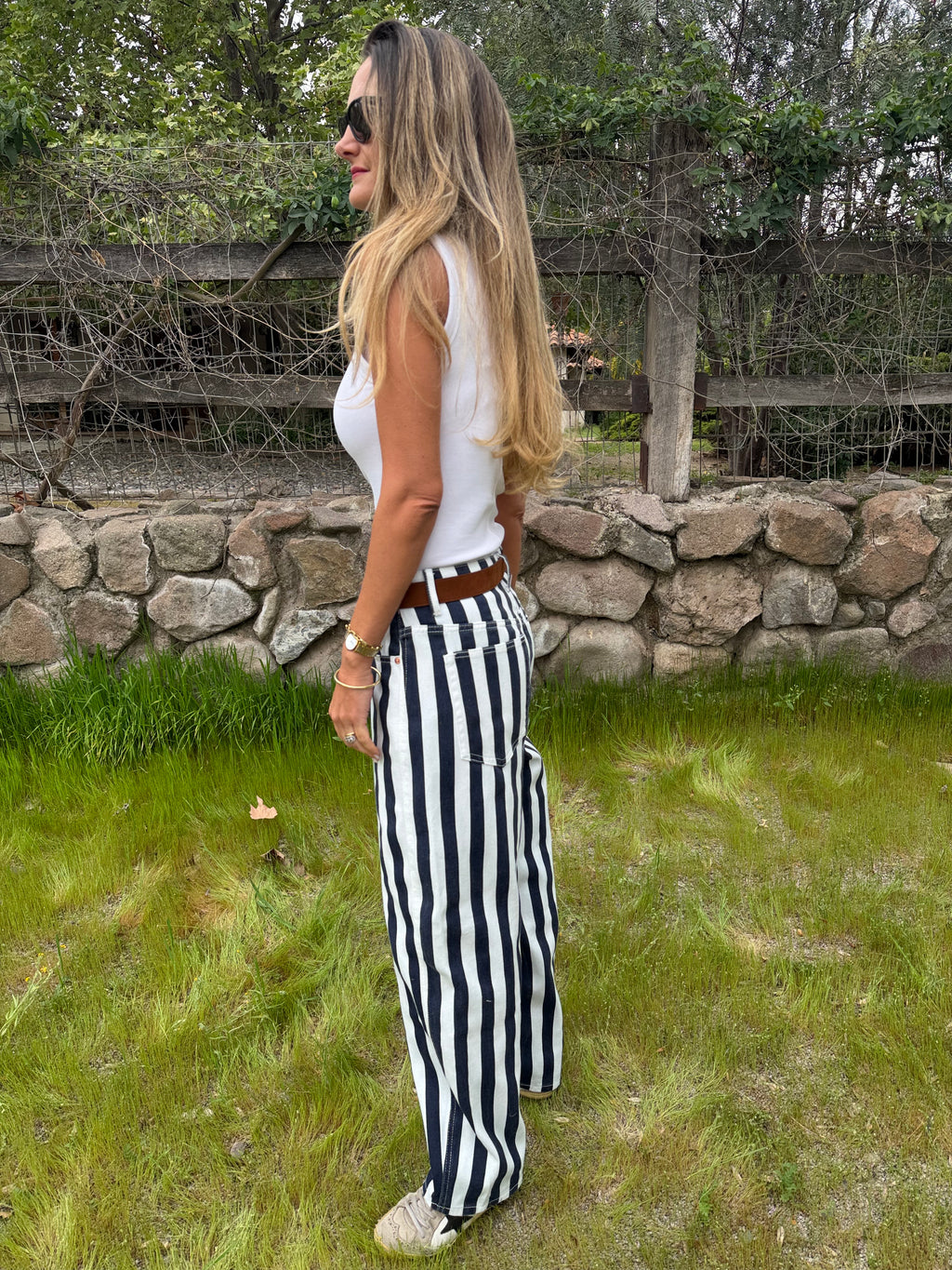 Pantalón barrel rayas azul