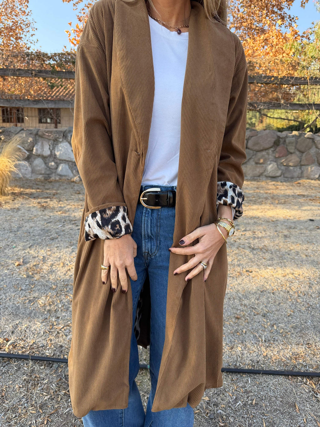 Trench cotelé fondo print camel