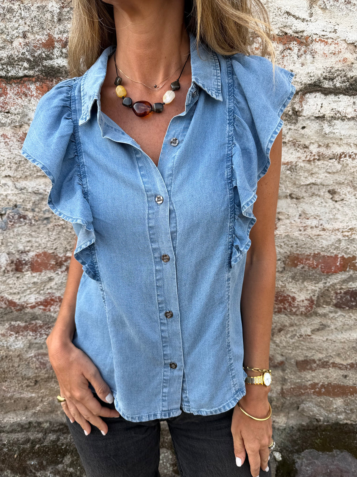 Blusa volados laterales tencel celeste