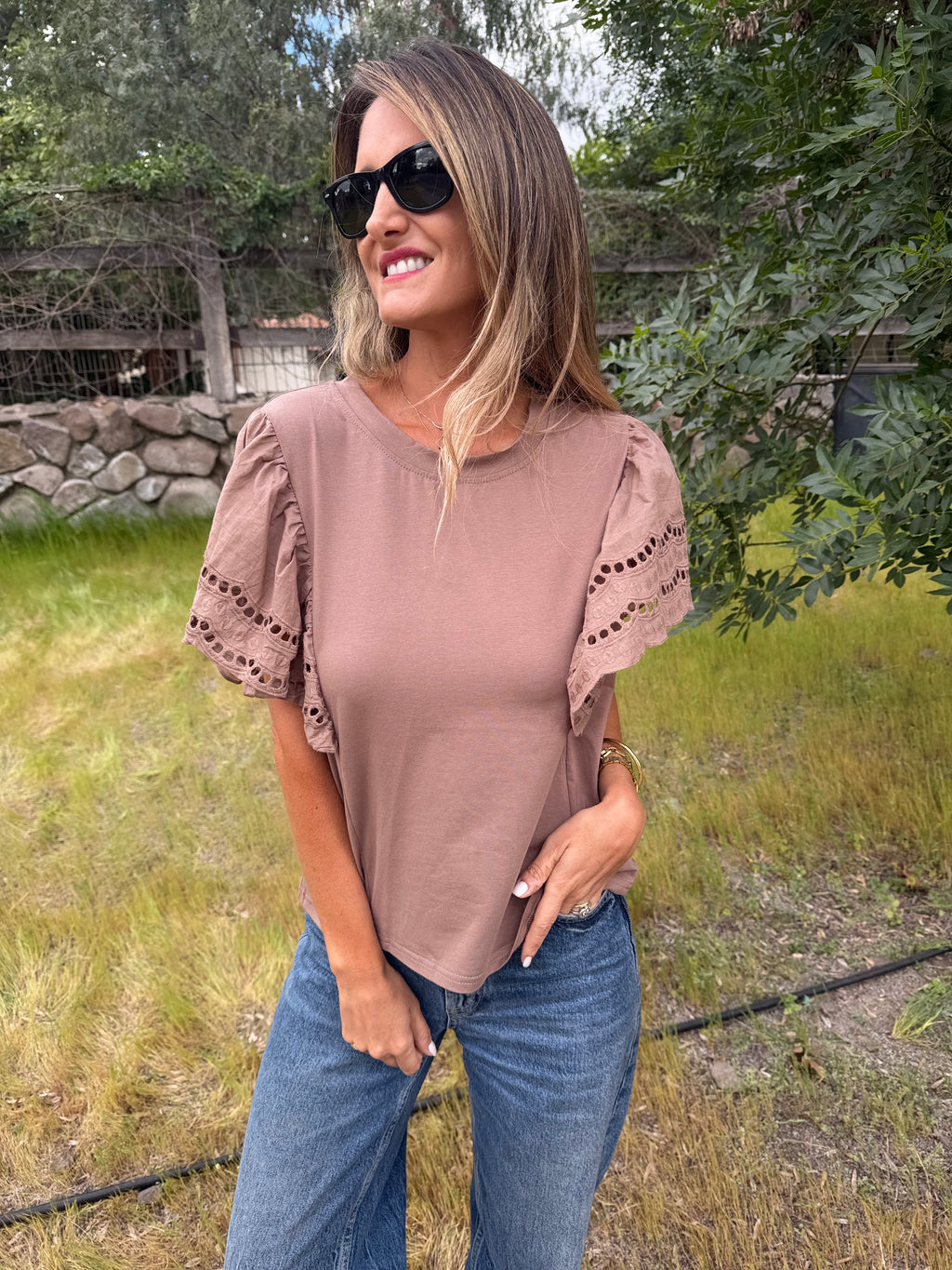 Polera mangas broderie café
