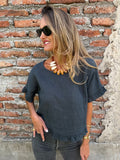 Blusa 100% lino vuelitos gris piedra