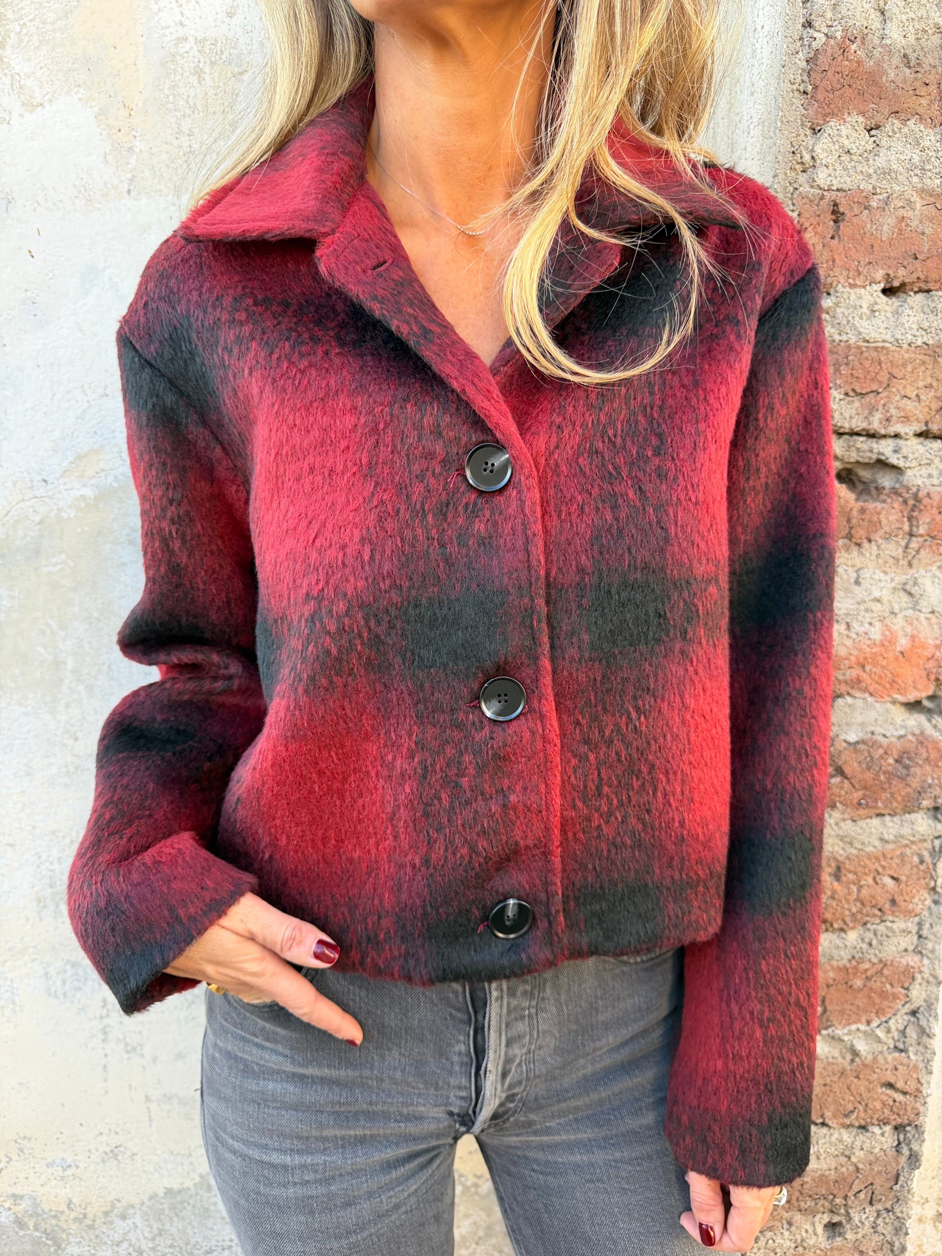 Chaqueta paño peludo escocés roja