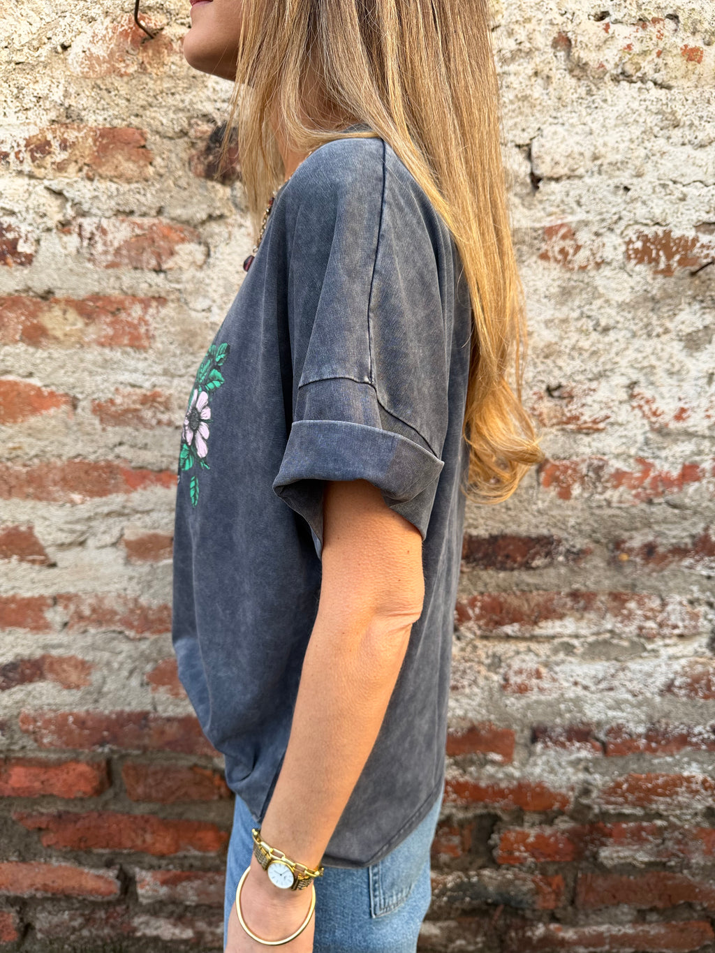 Polera calavera flores azul