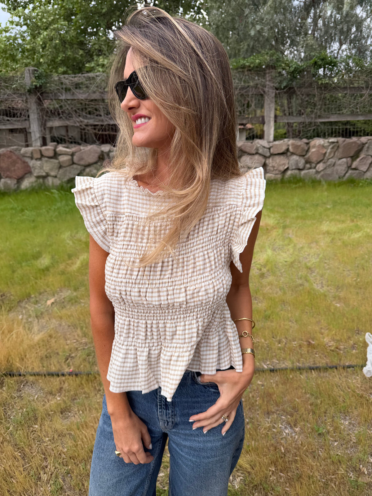 Polera vichy nido abejas beige