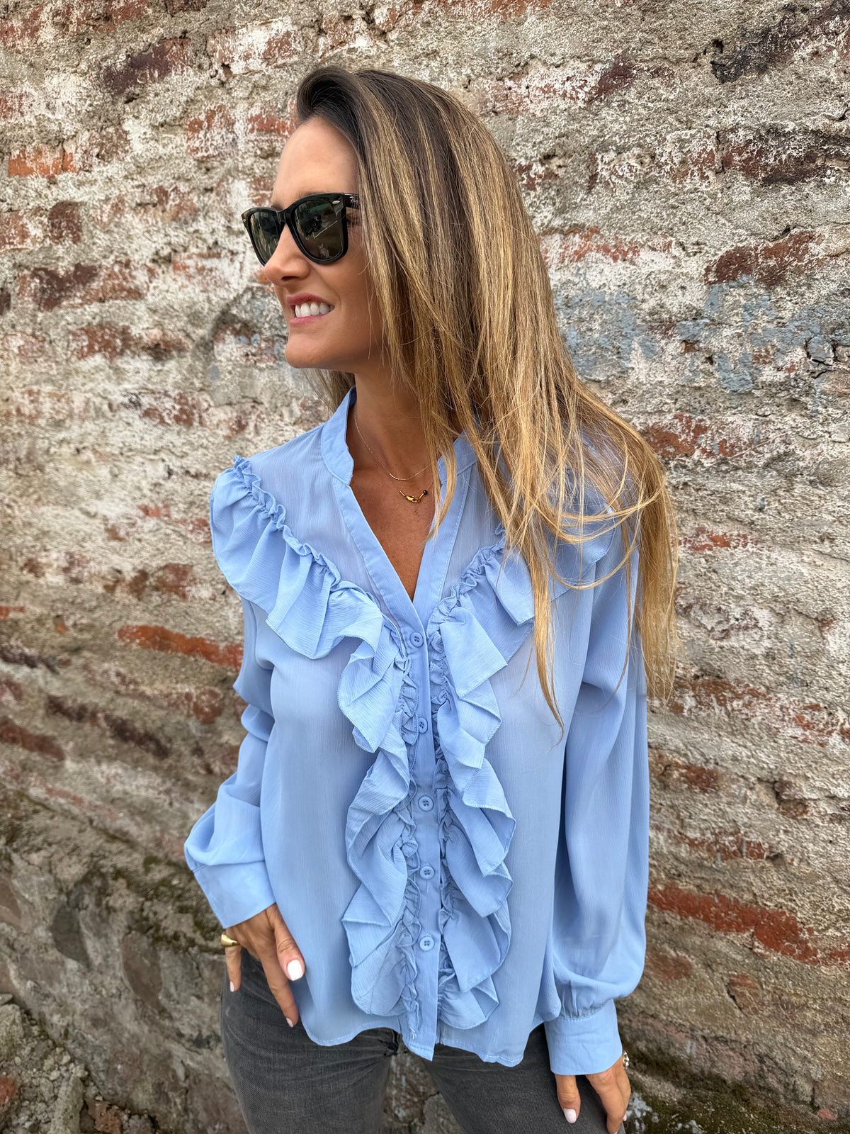 Blusa gasa vuelos celeste