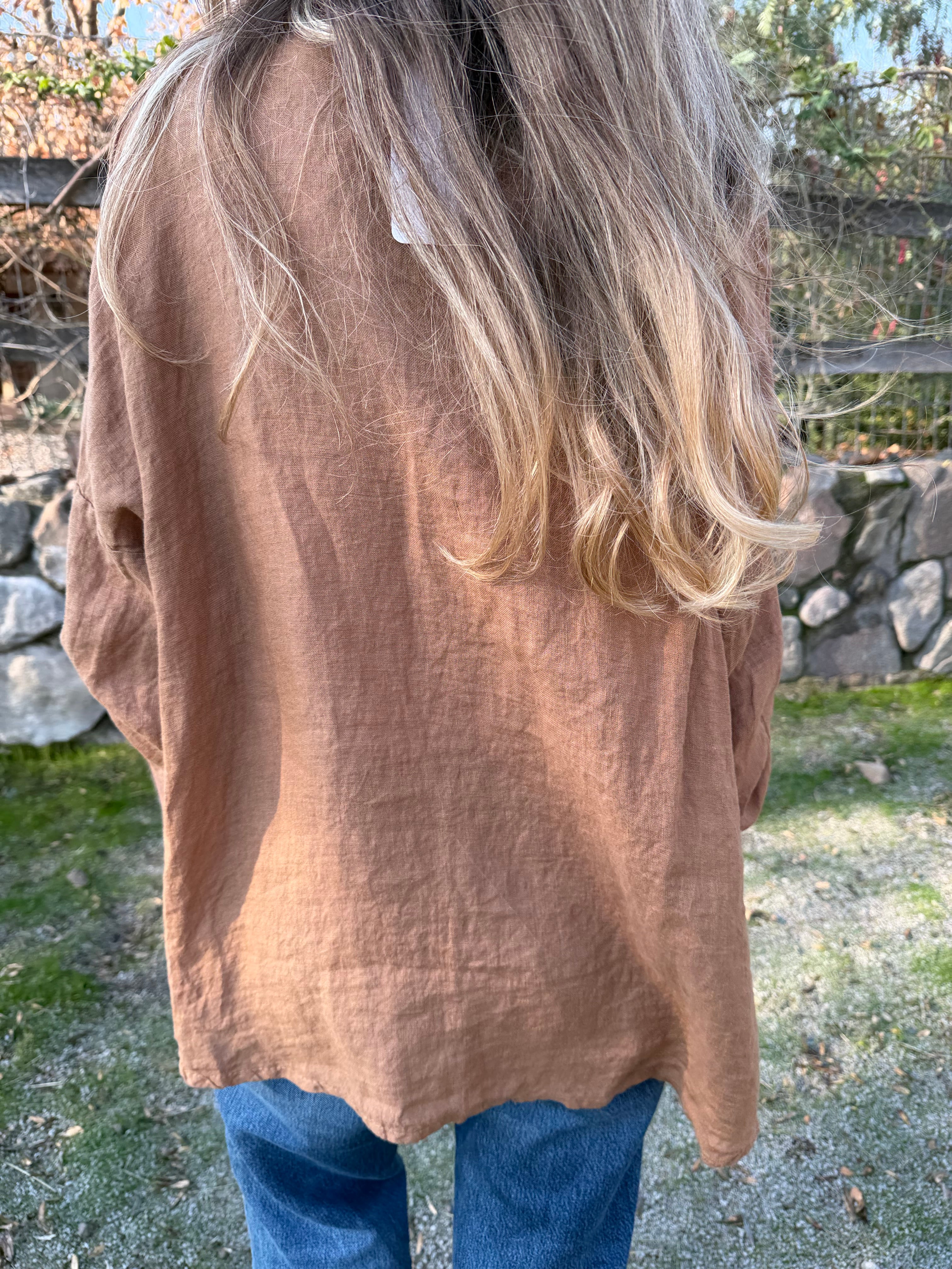 Blusón 100% lino camisera camel