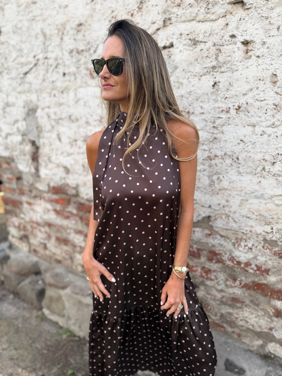 Vestido lunares rosado claro café