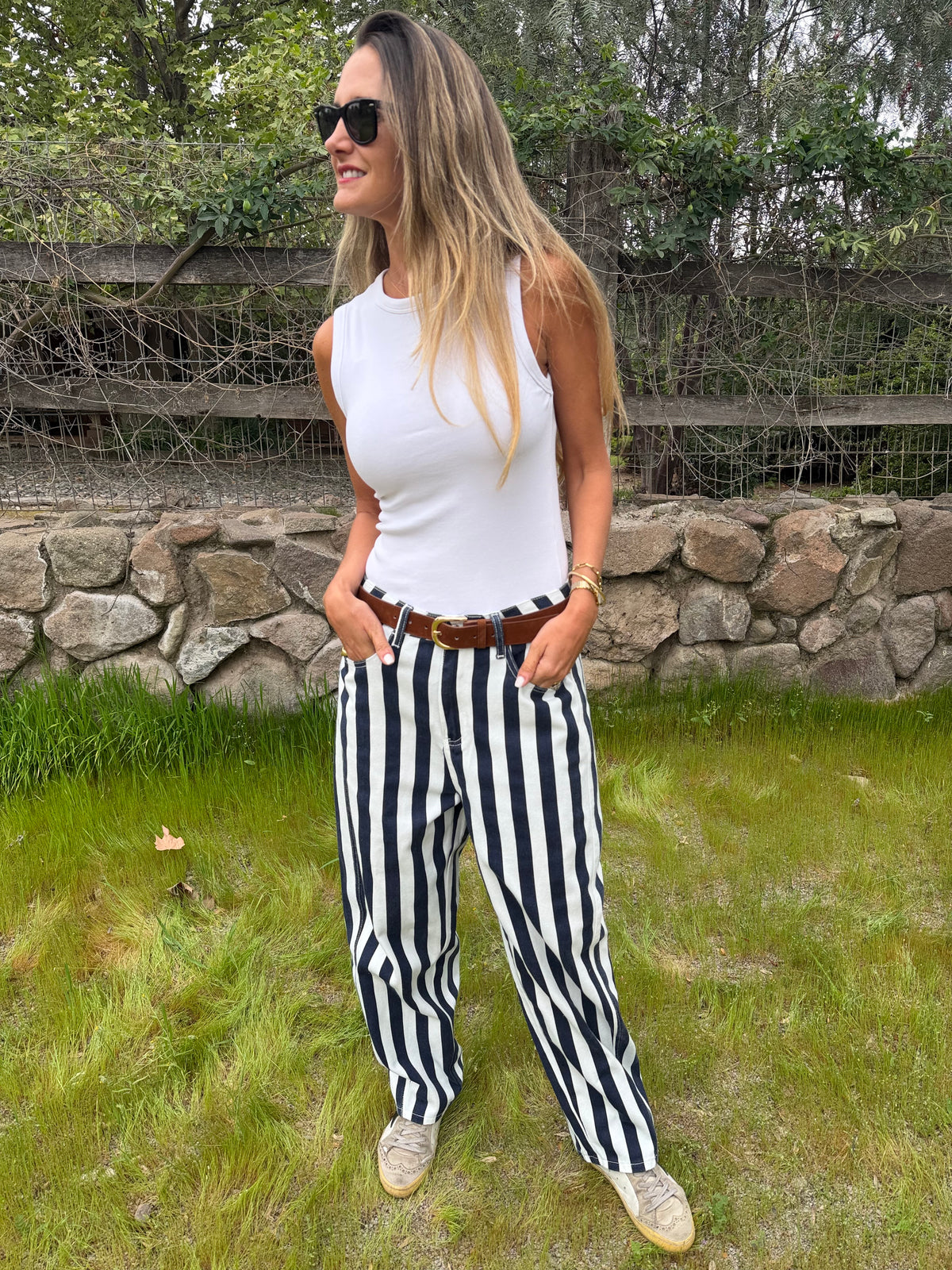 Pantalón barrel rayas azul