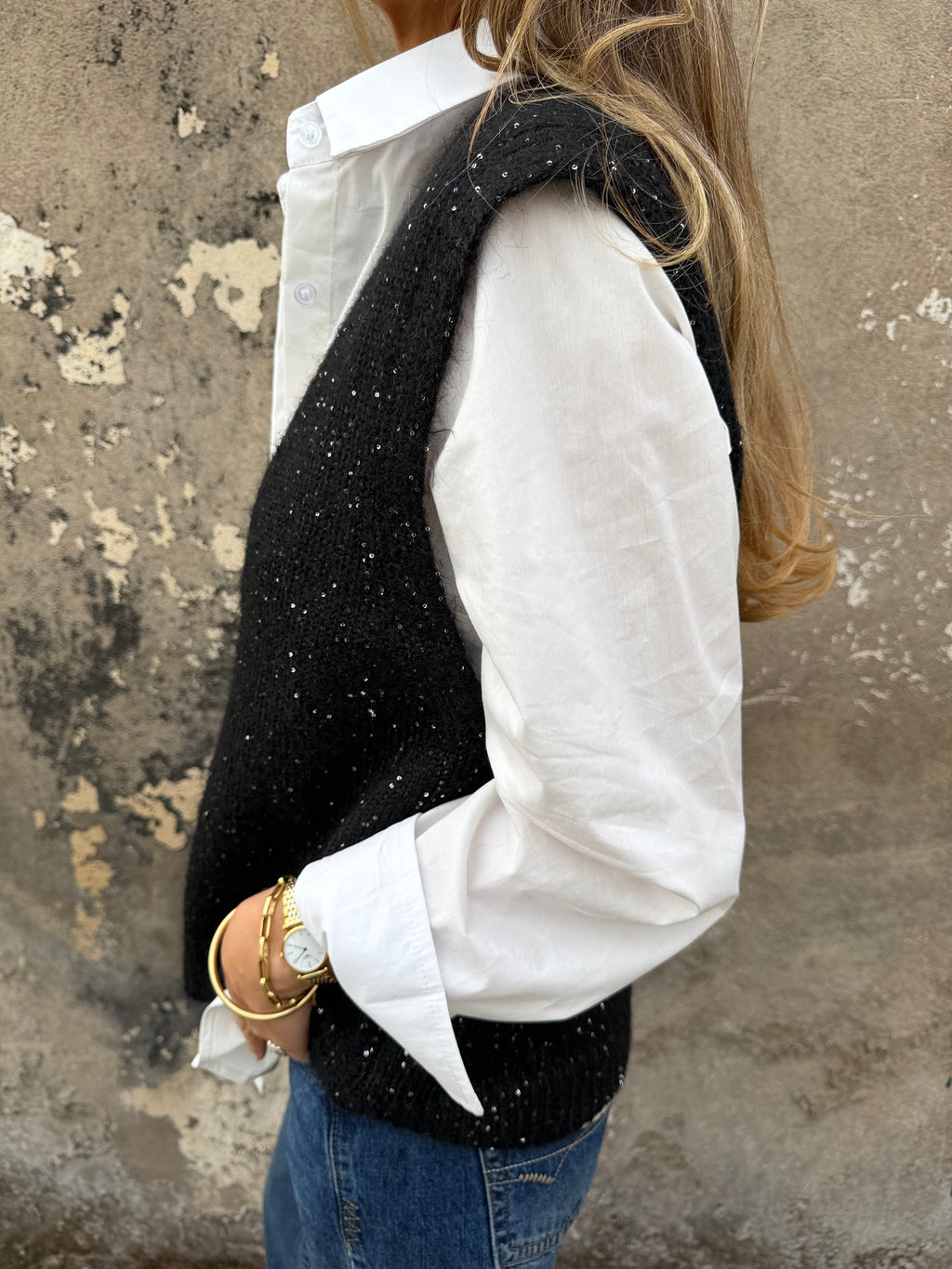 Chaleco sin mangas mini lentejuelas negro