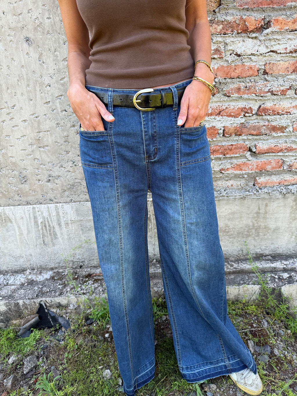 Bluejean ancho bolsillos adelante azul