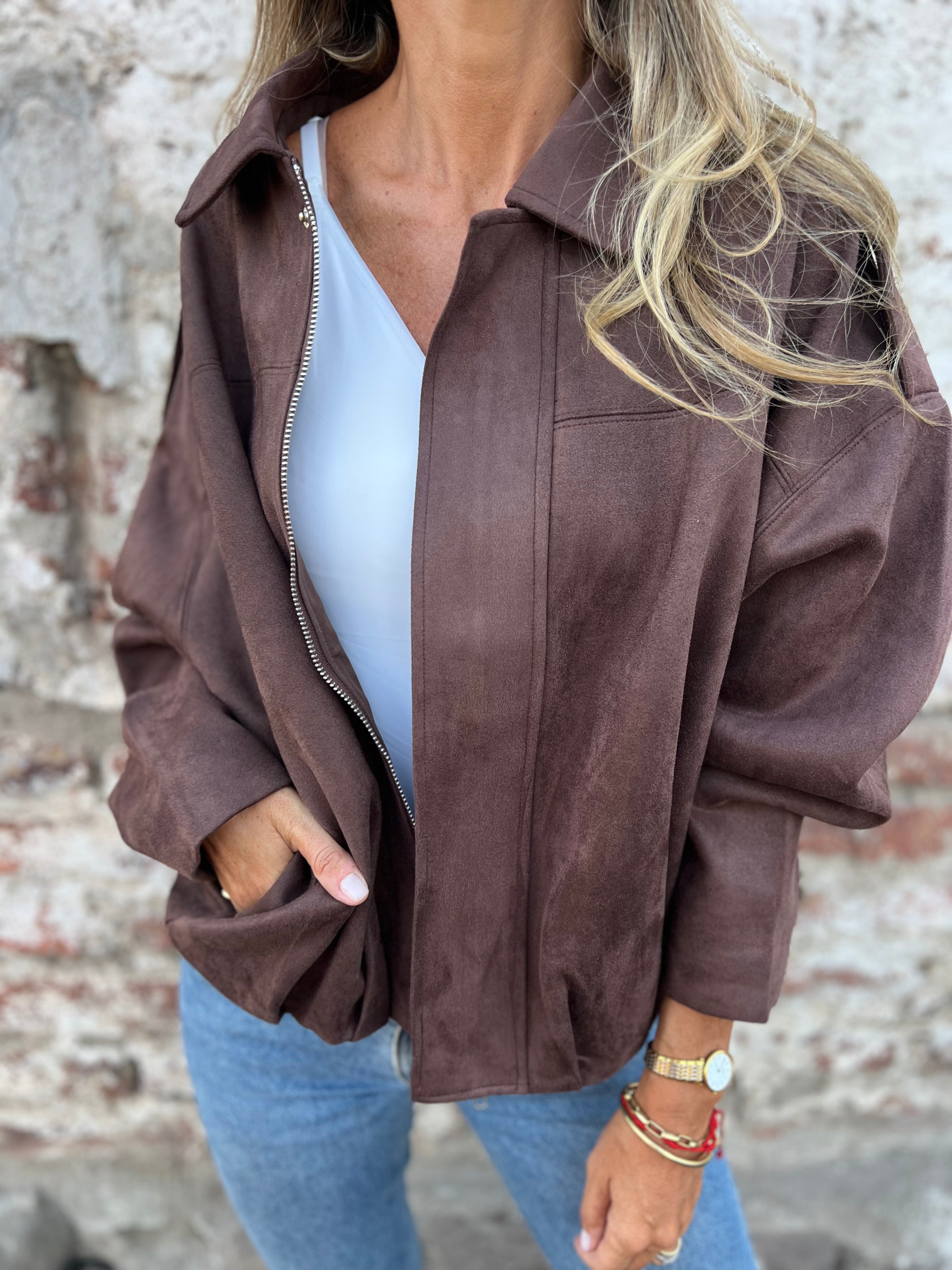 Chaqueta efecto gamuza café