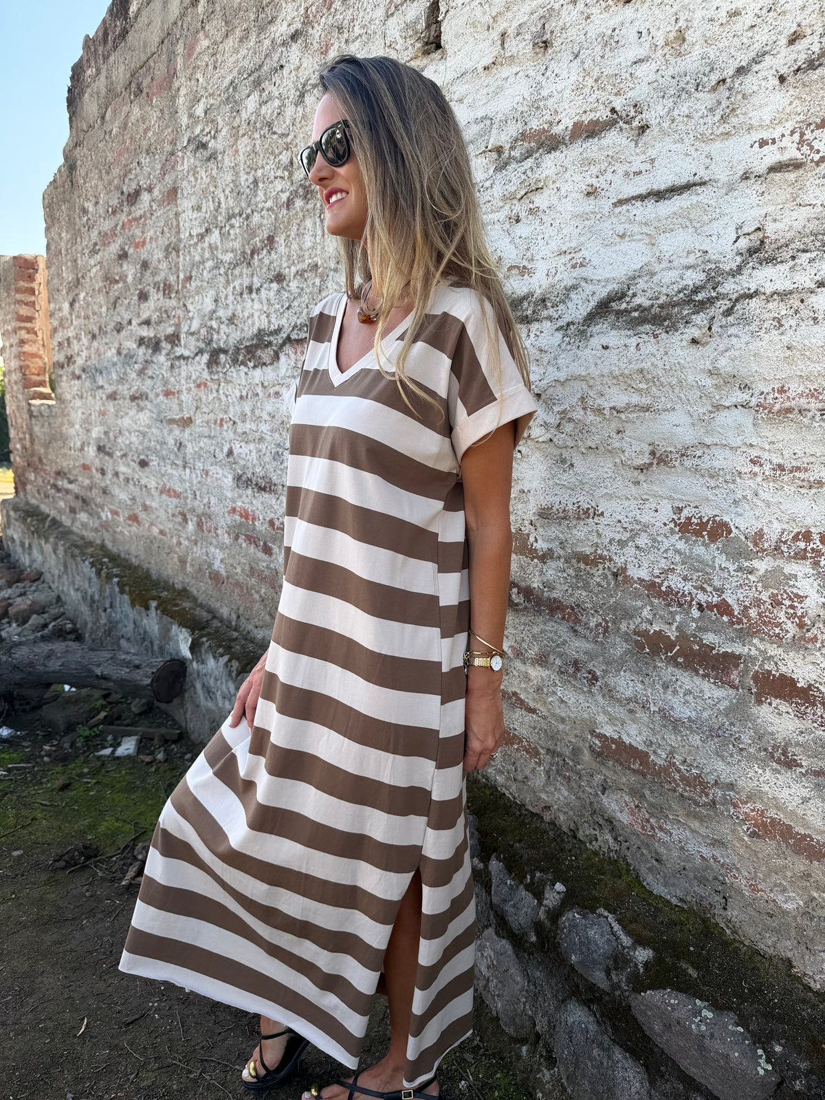 Vestido rayas beige