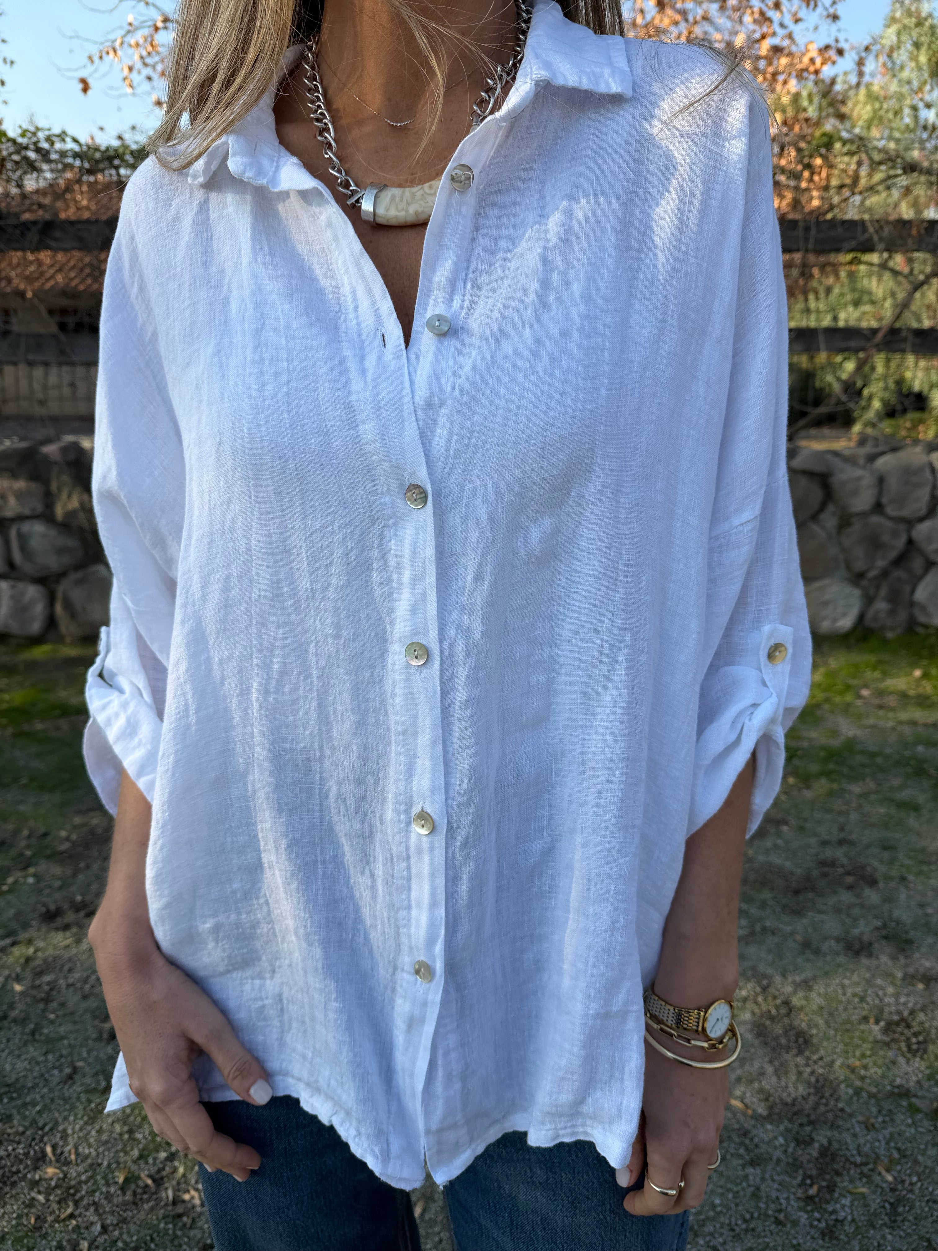 Blusón 100% lino camisera blanca