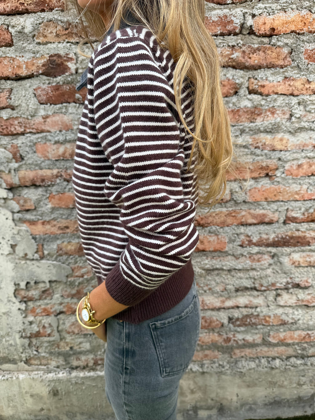 Chaleco líneas camisero cuello bluejean café