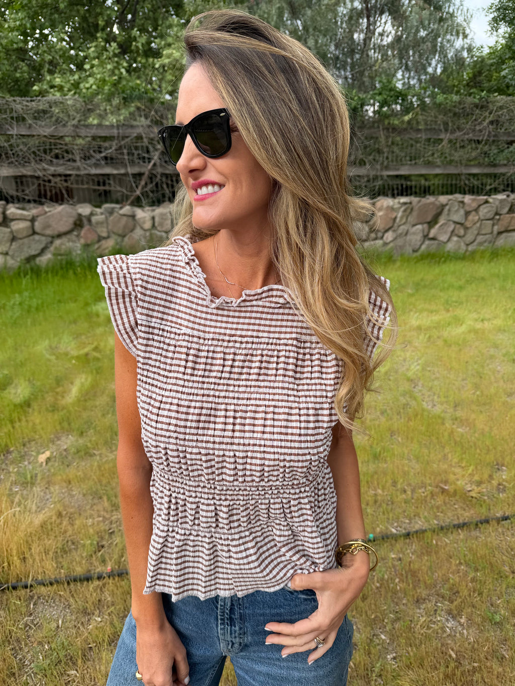 Polera vichy nido abejas café
