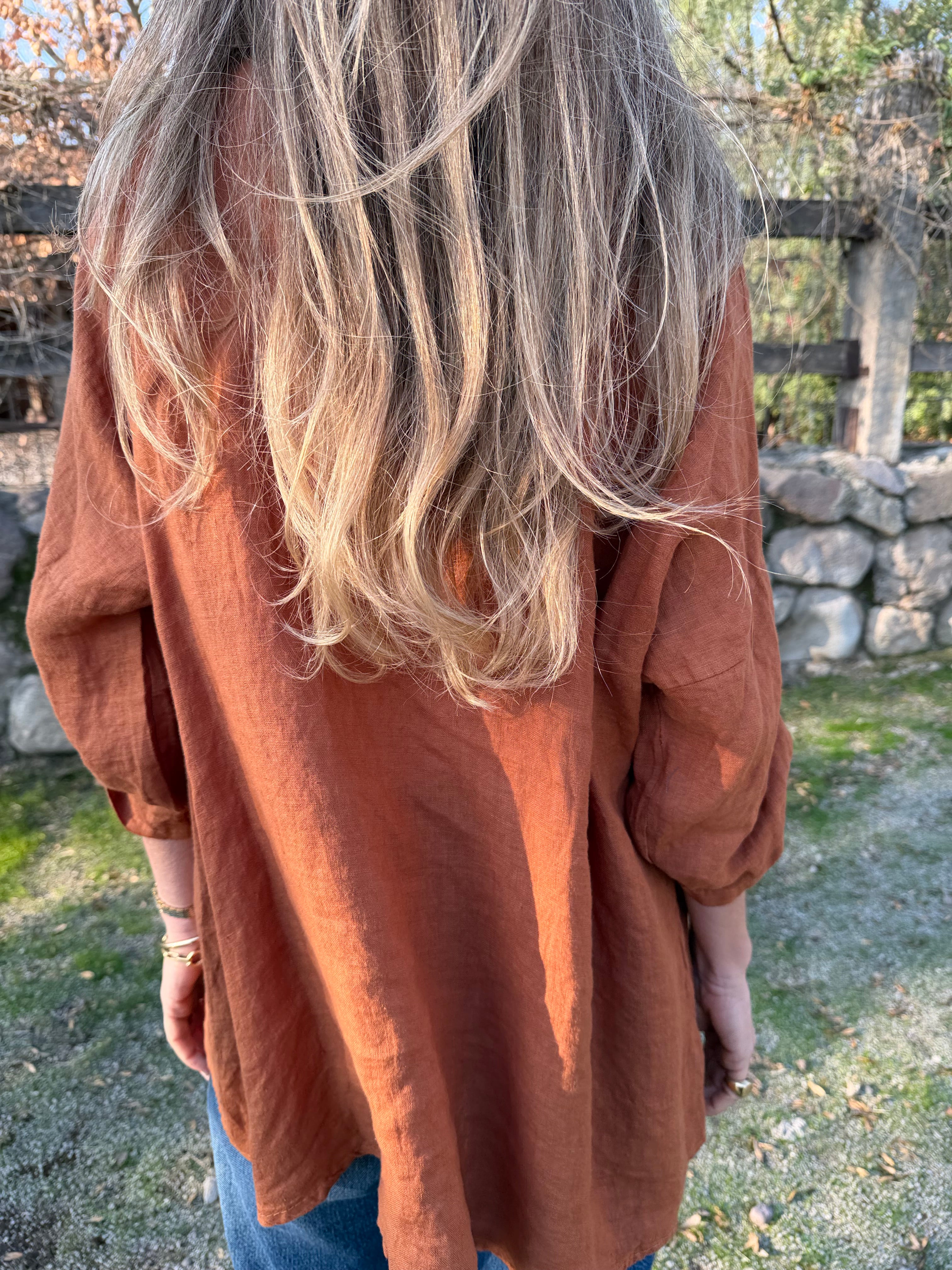 Blusón 100% lino camisera terracota