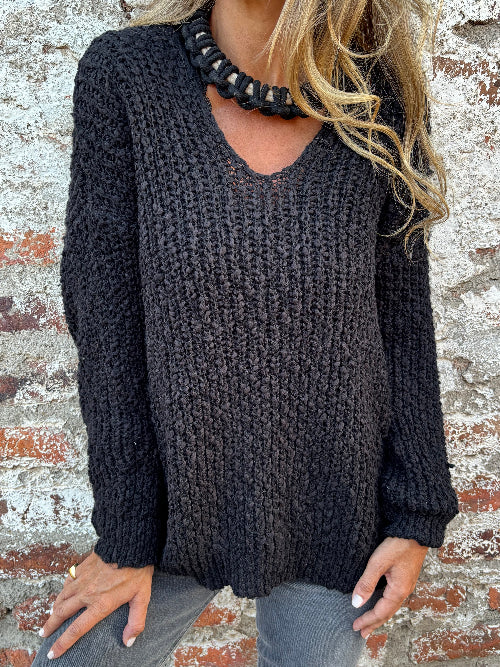 New chaleco V lana chenille negro