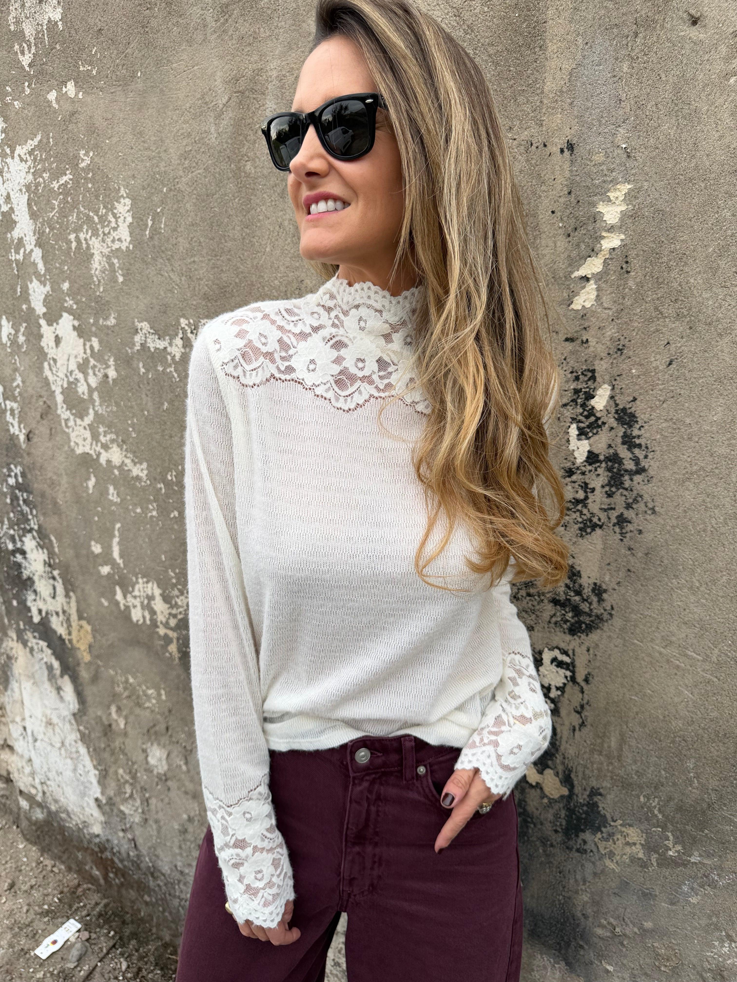 Polera lanilla encaje blanca