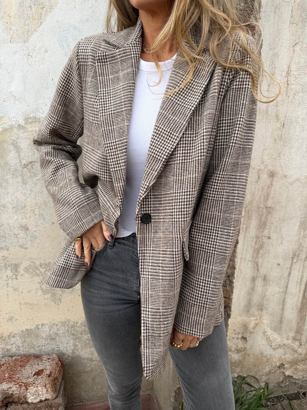 New Chaqueta pata de gallo clásica línea café claro