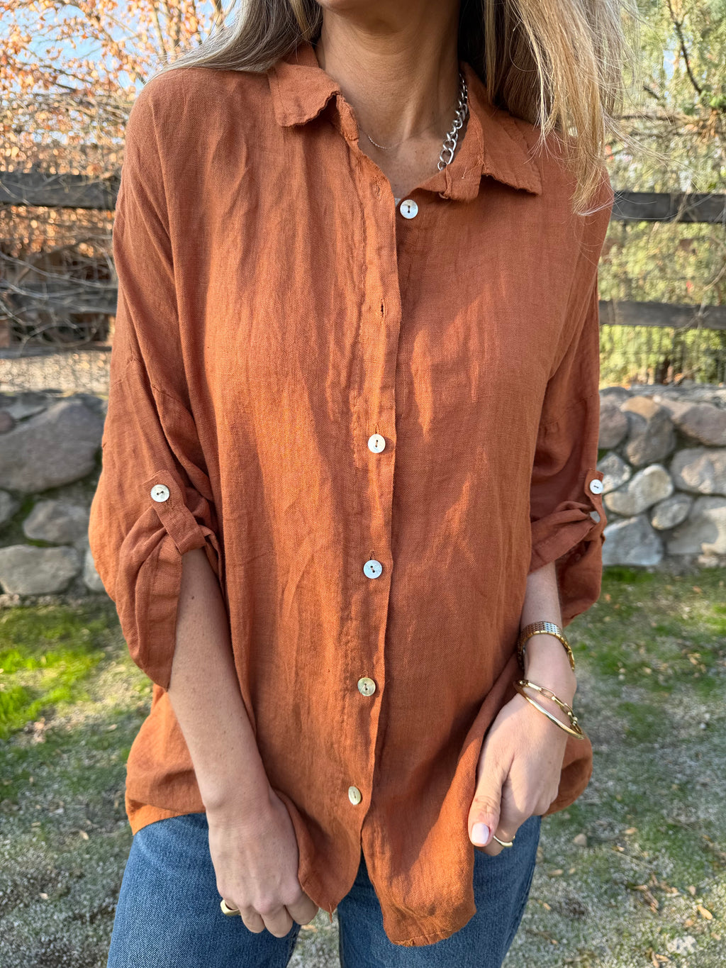 Blusón 100% lino camisera terracota