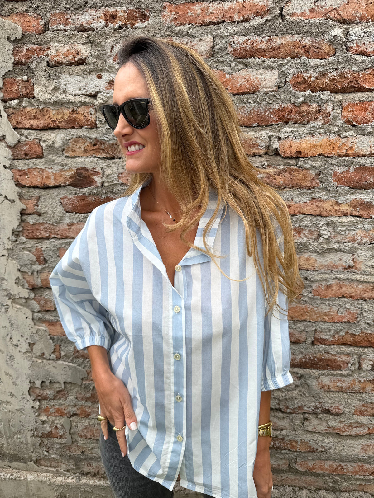 Blusa mega rayas manga globo celeste