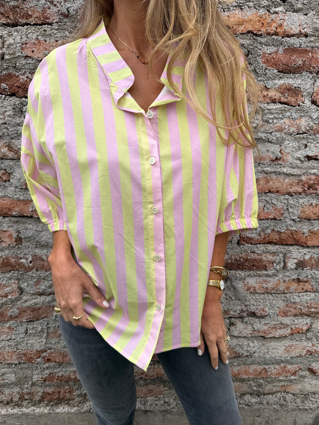 Blusa mega rayas manga globo amarilla