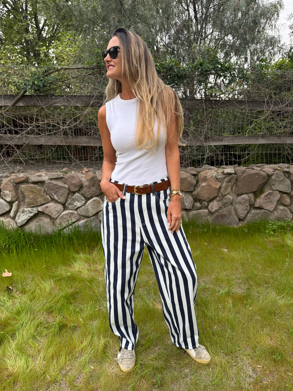 Pantalón barrel rayas azul