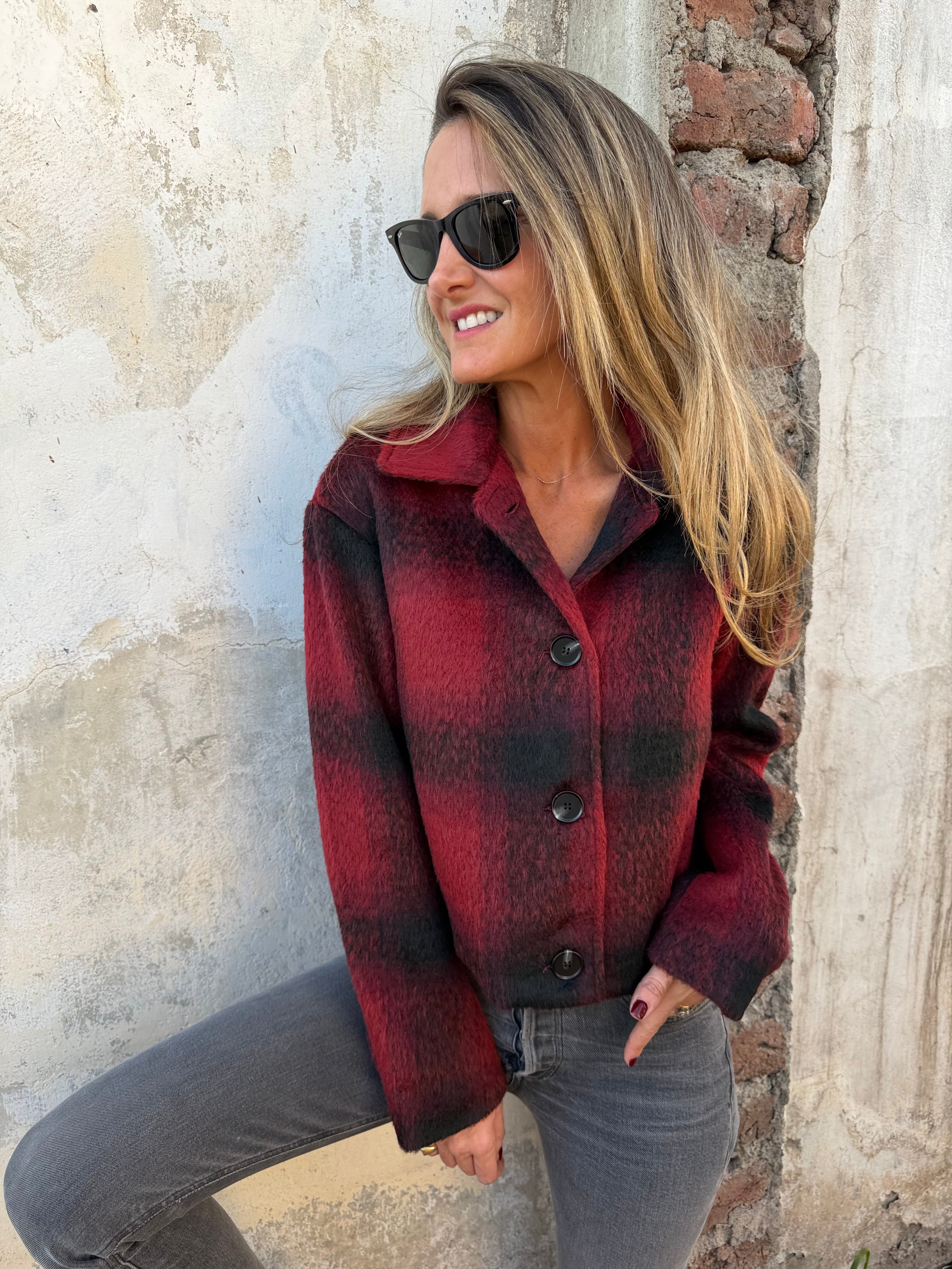 Chaqueta paño peludo escocés roja
