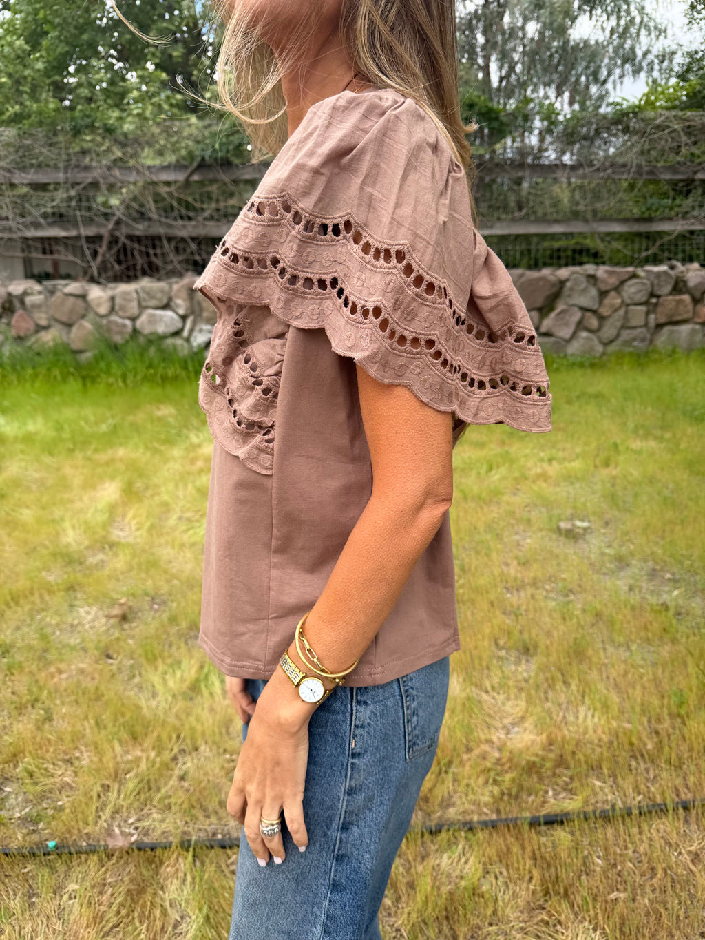 Polera mangas broderie café