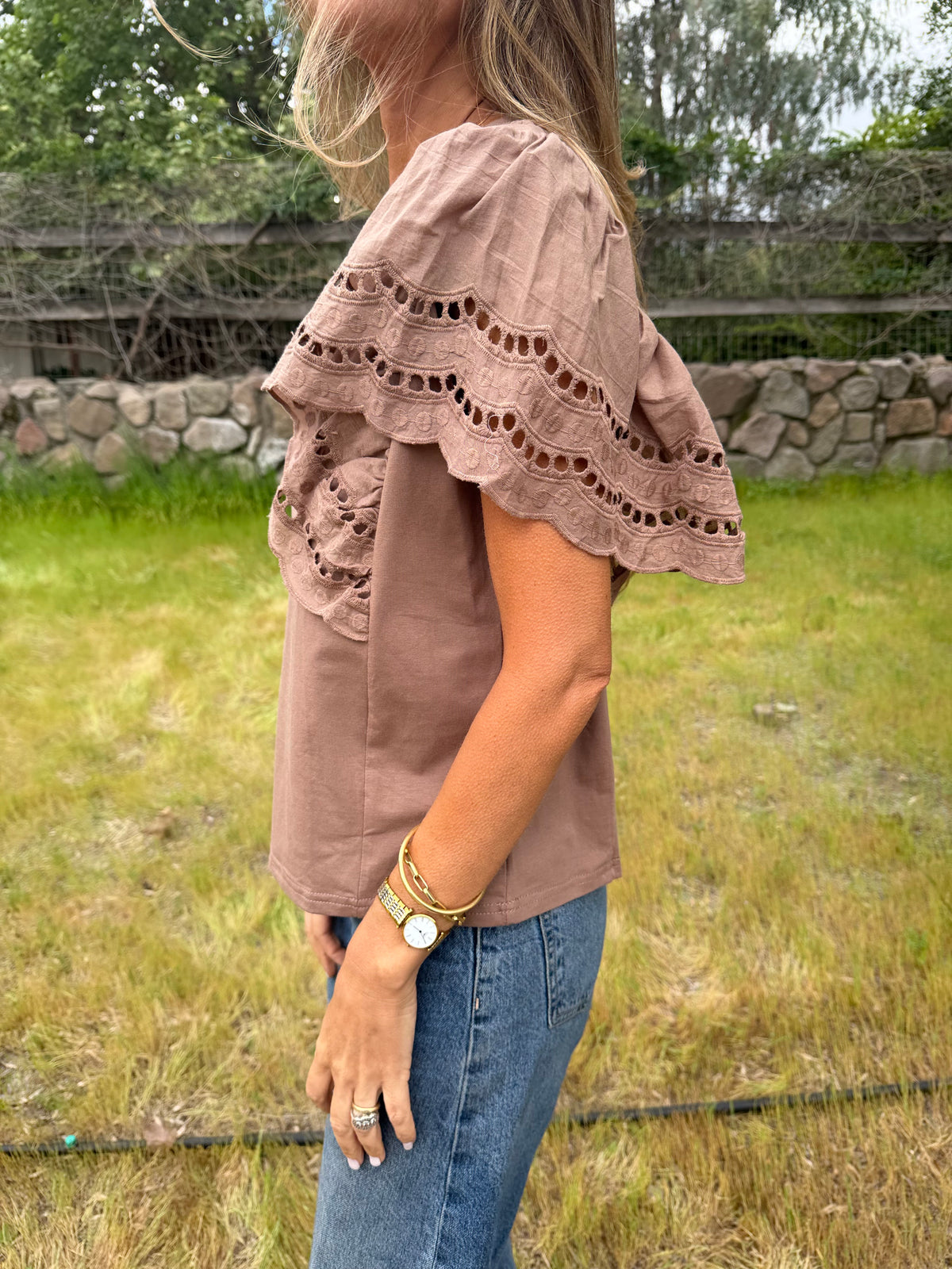 Polera mangas broderie café