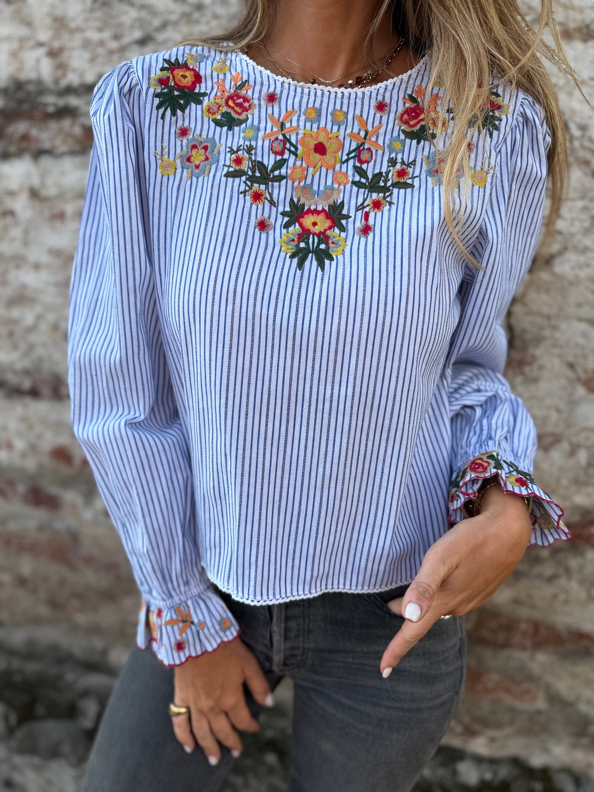 Blusa mangas vuelos floreados celeste