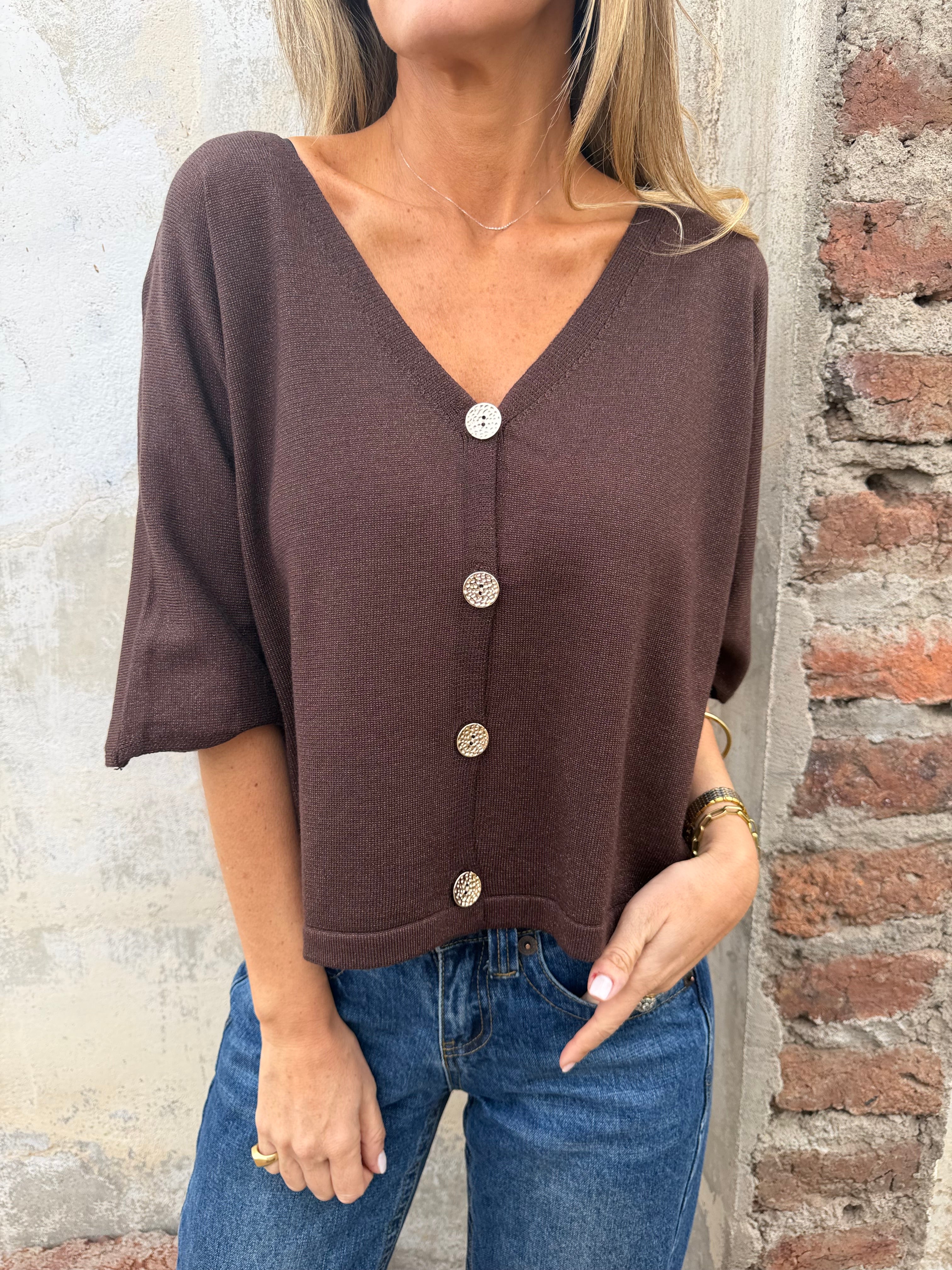 Polera/ Chaleco hilo brillos sutiles café oscuro