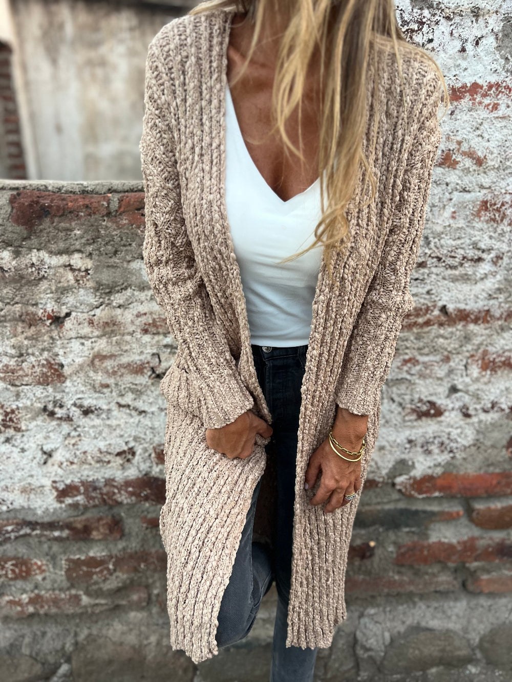 Chaleco básico largo chenille camel