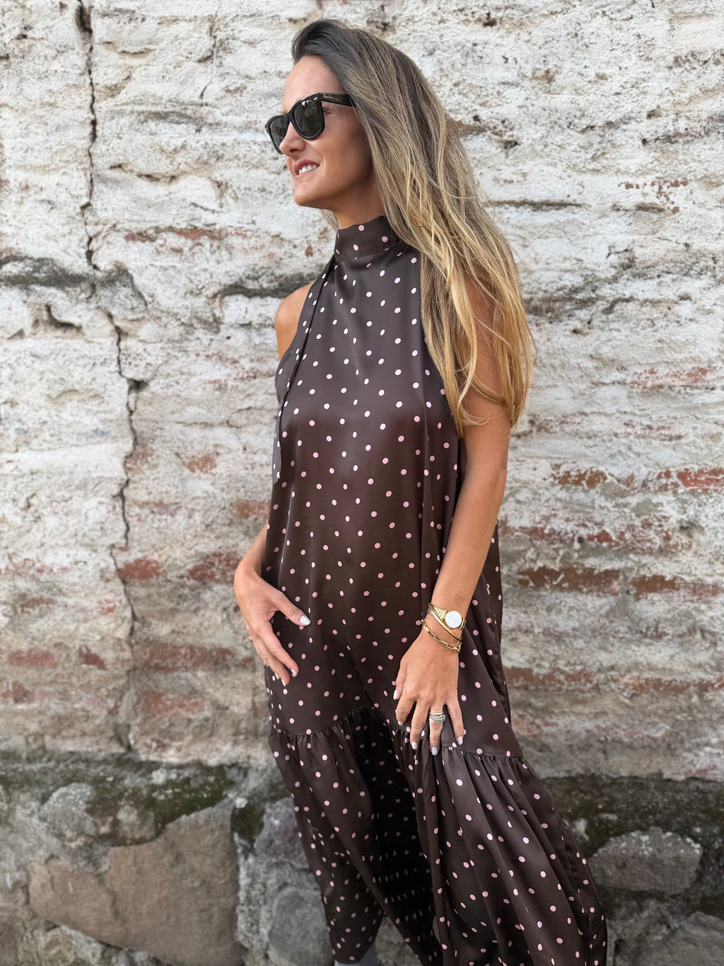 Vestido lunares rosado claro café