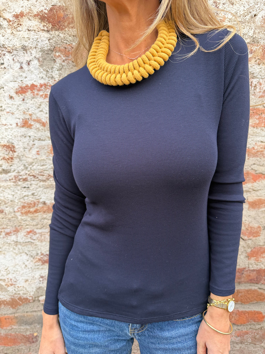 New polera algodón/ micropolar cuello alto redondo azul marino