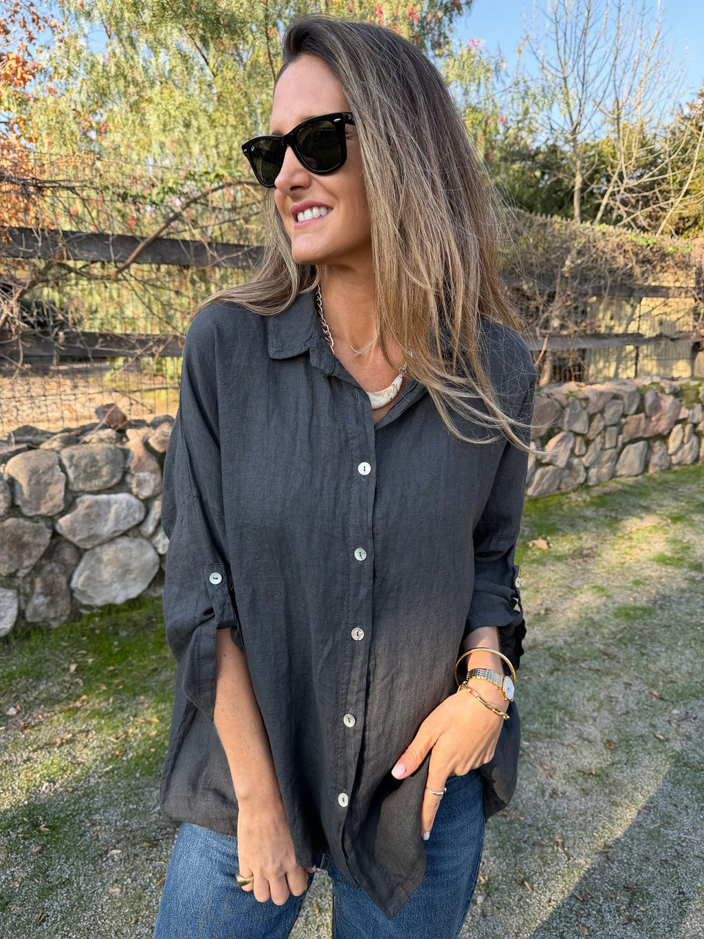 Blusón 100% lino camisera gris acero