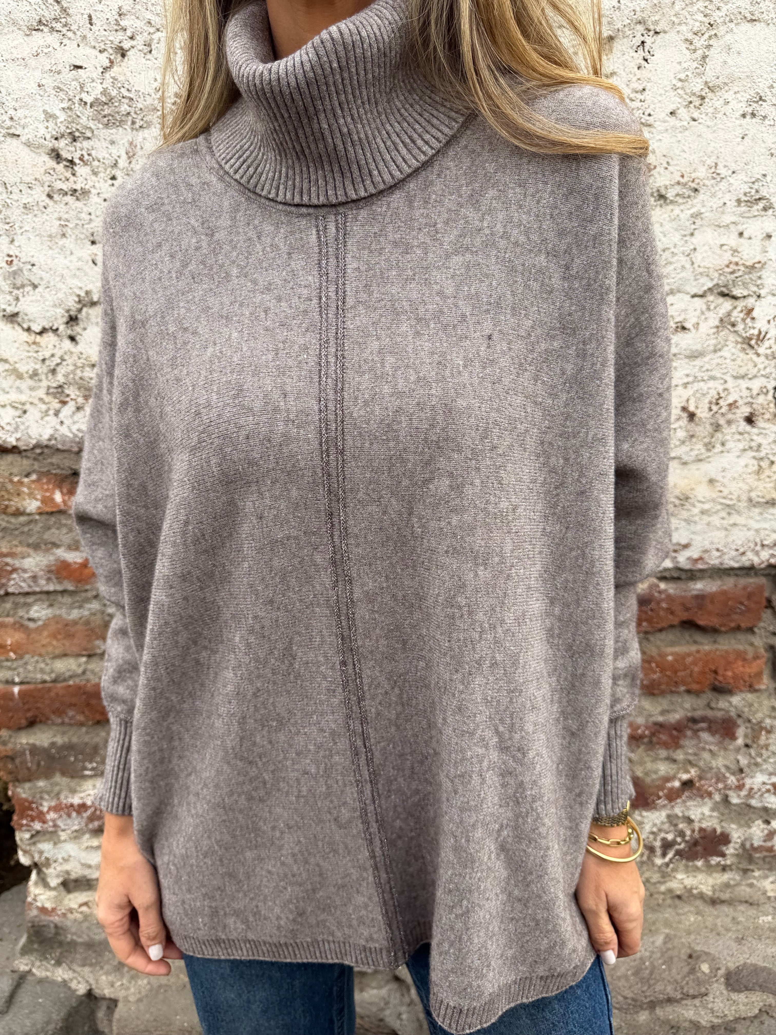 Cuello alto ribetes plateados centrales taupe