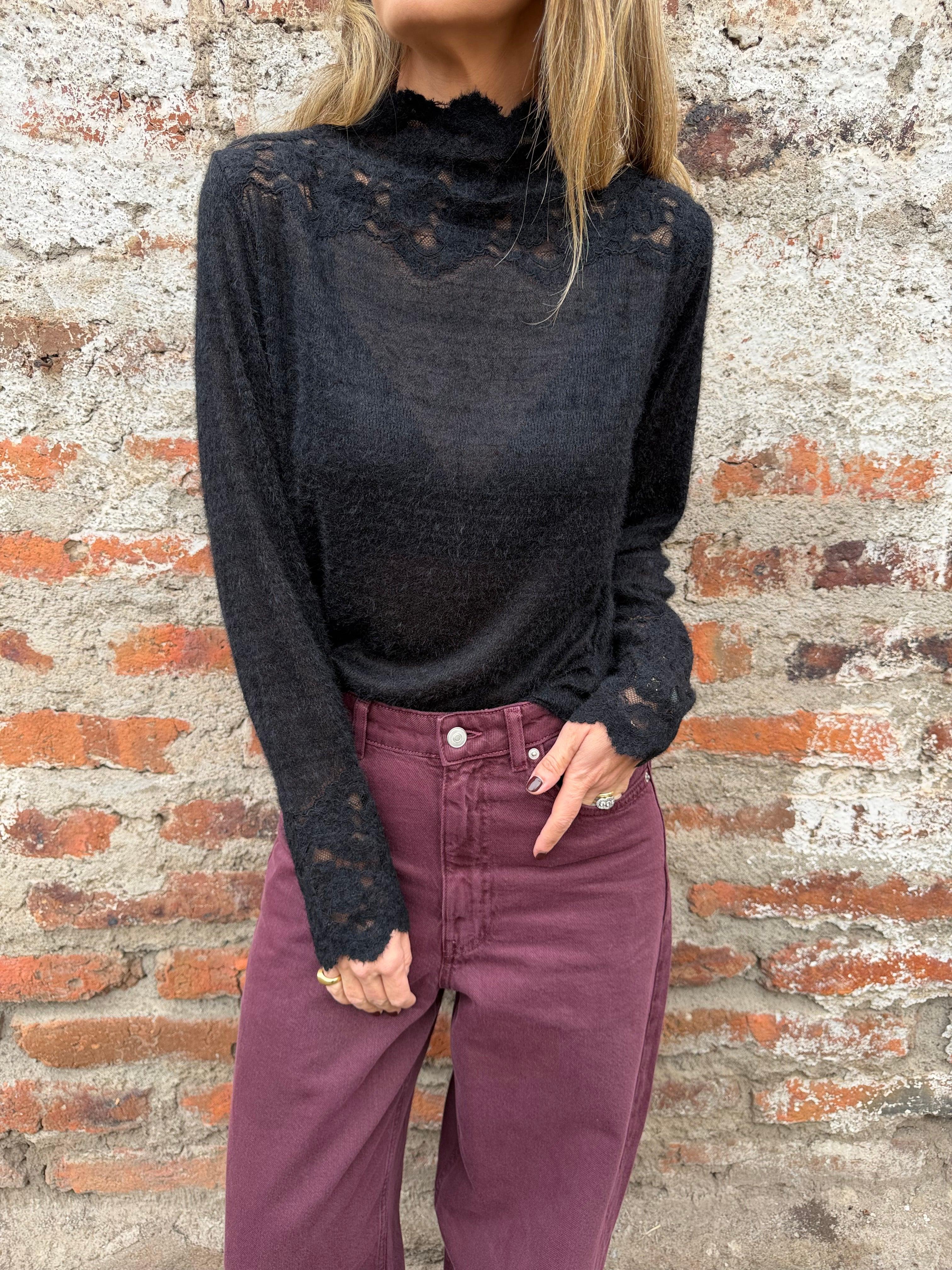 Polera lanilla encaje negra