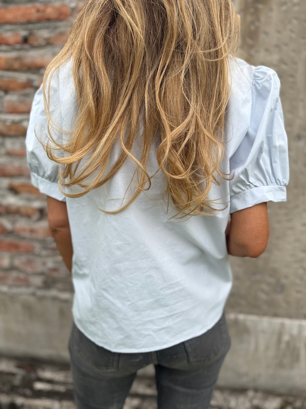 Blusa bordados mangas abullonadas celeste claro