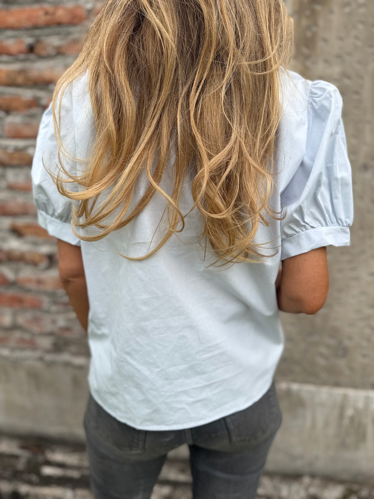 Blusa bordados mangas abullonadas celeste claro