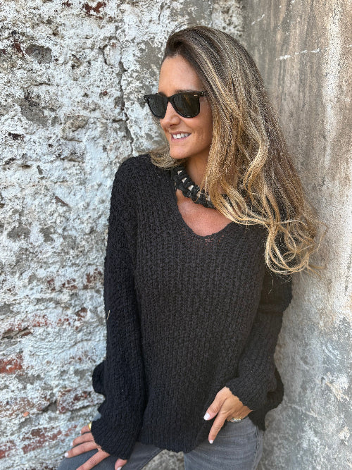 New chaleco V lana chenille negro