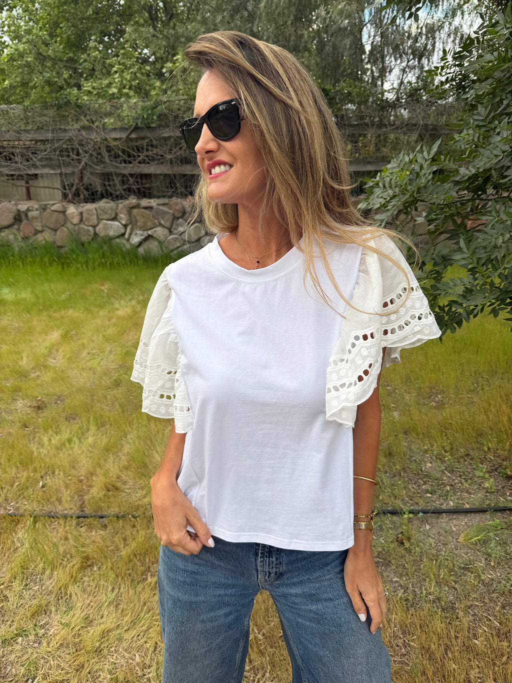 Polera mangas broderie blanca