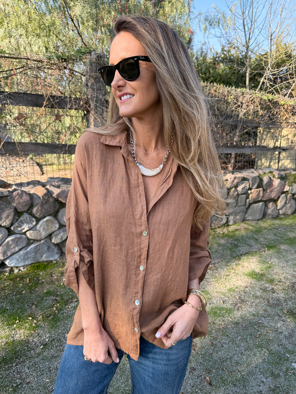 Blusón 100% lino camisera camel