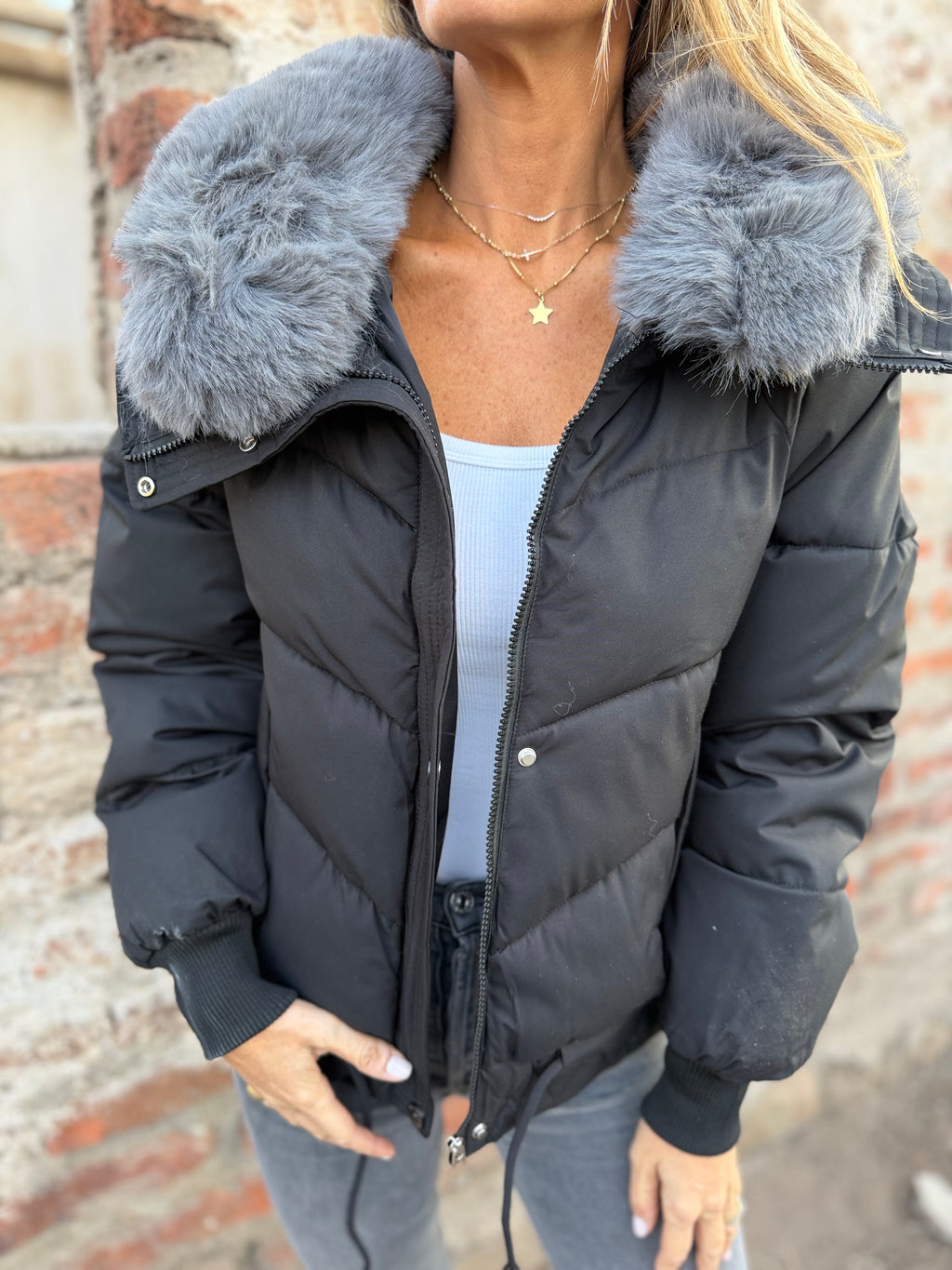 Parca puffa premium cuello removible negra
