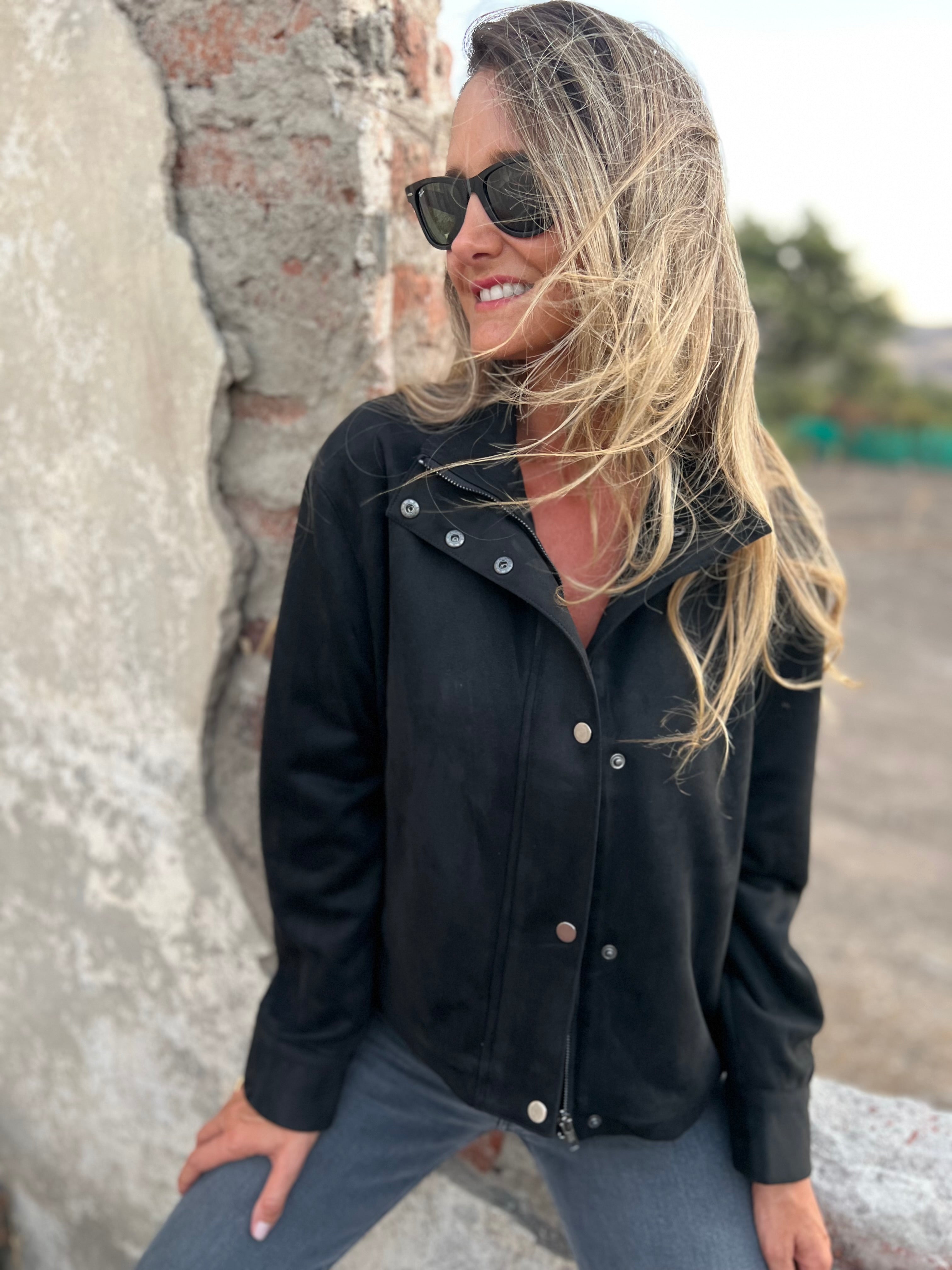 Chaqueta suede bolsillo clásico negro