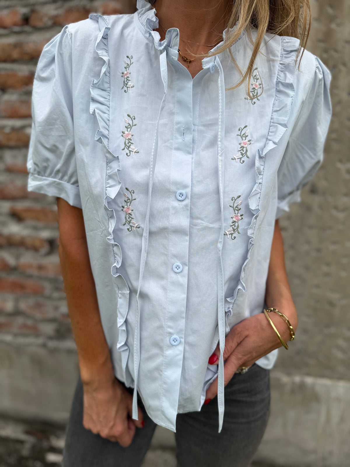 Blusa bordados mangas abullonadas celeste claro