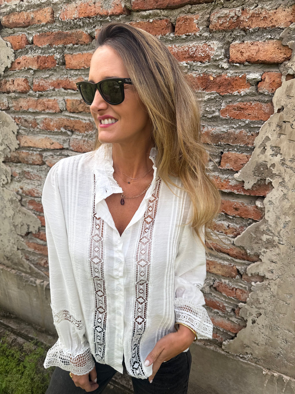 Blusa macramé central blanca