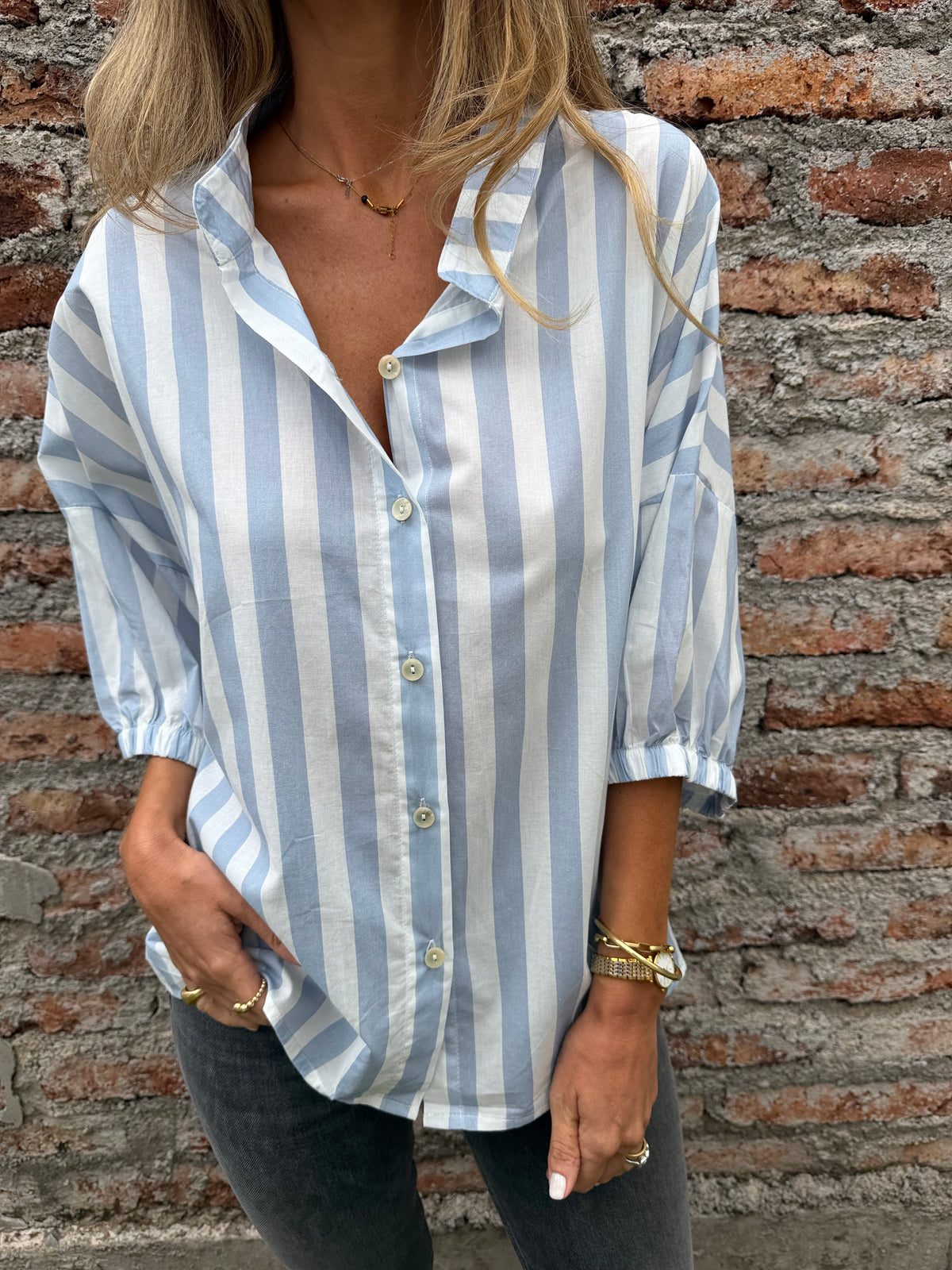 Blusa mega rayas manga globo celeste