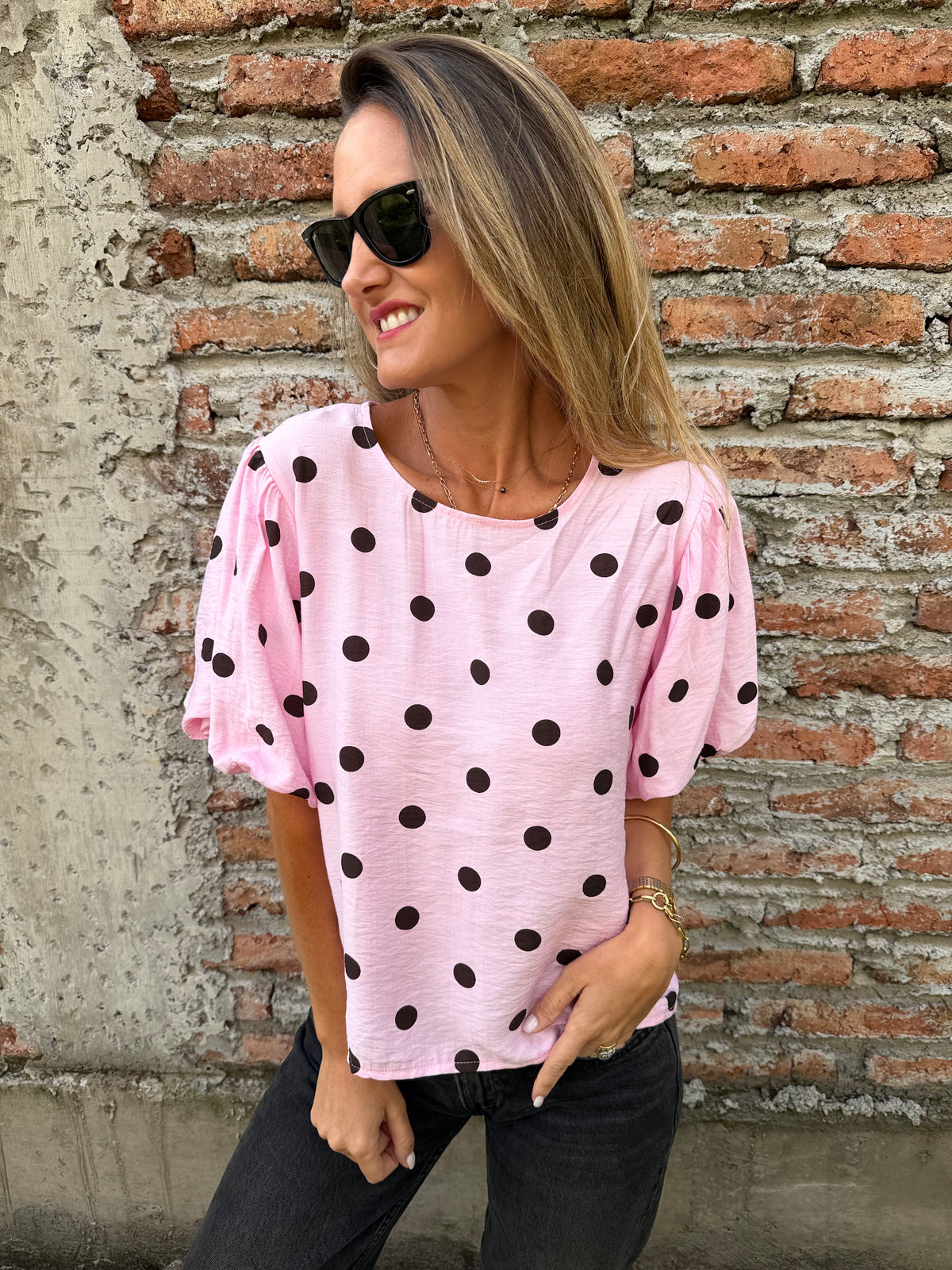 Blusa lunares mangas abullonadas rosada