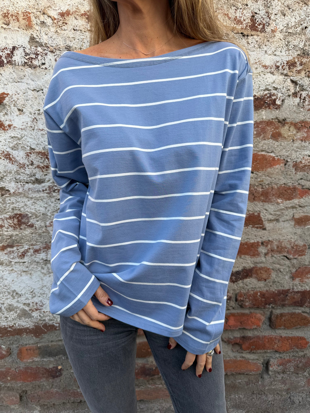 Polera algodón rayas celeste